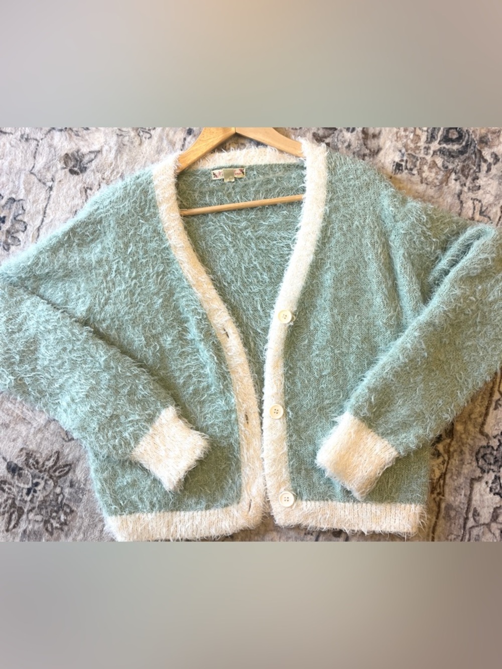 Mint Fuzzy Cropped Cardigan Soft Girl Cottagecore Cozy Sweater Cream Trim